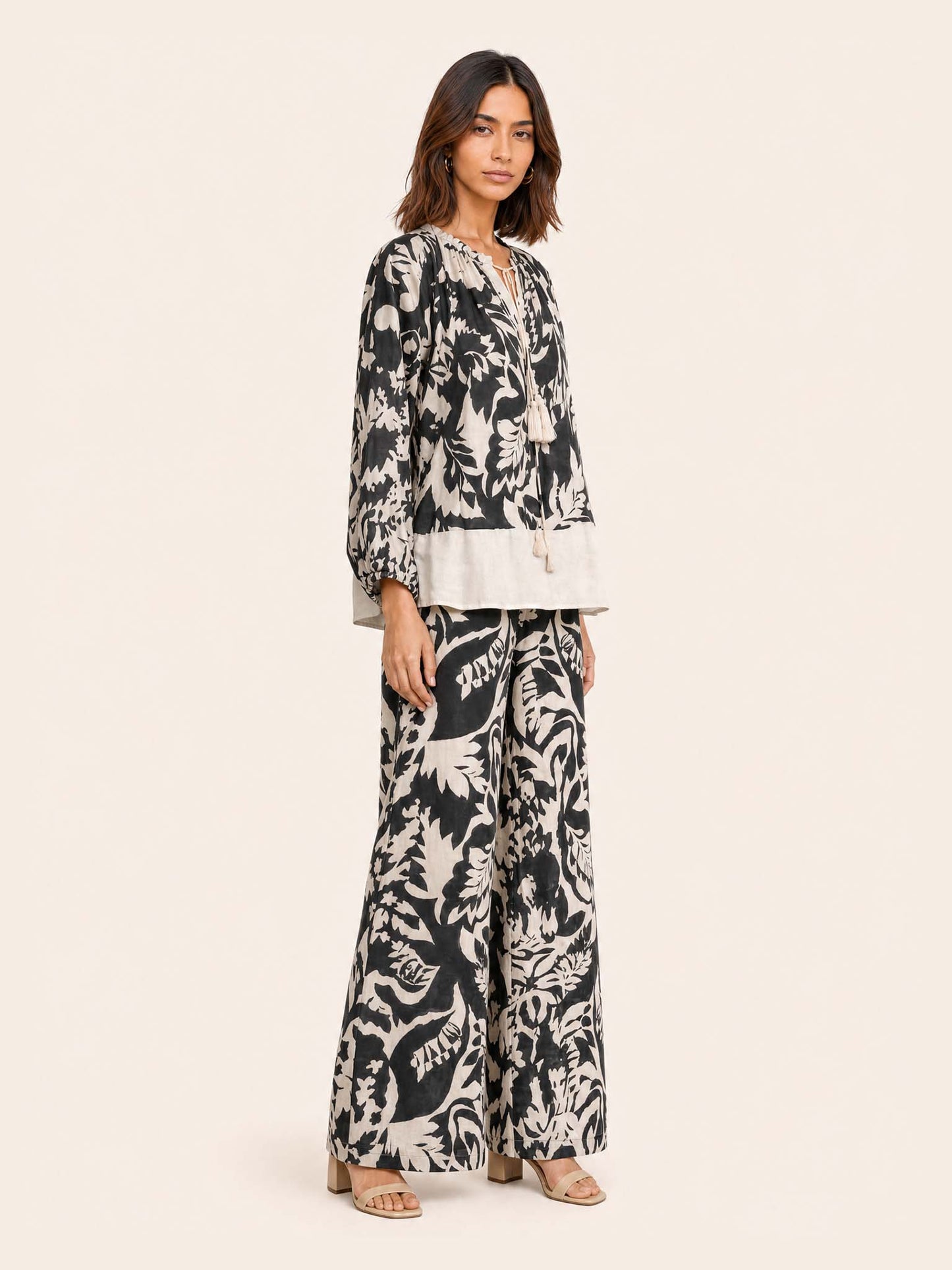 Monochrome Tropical Print Two-Piece Lounge Set
