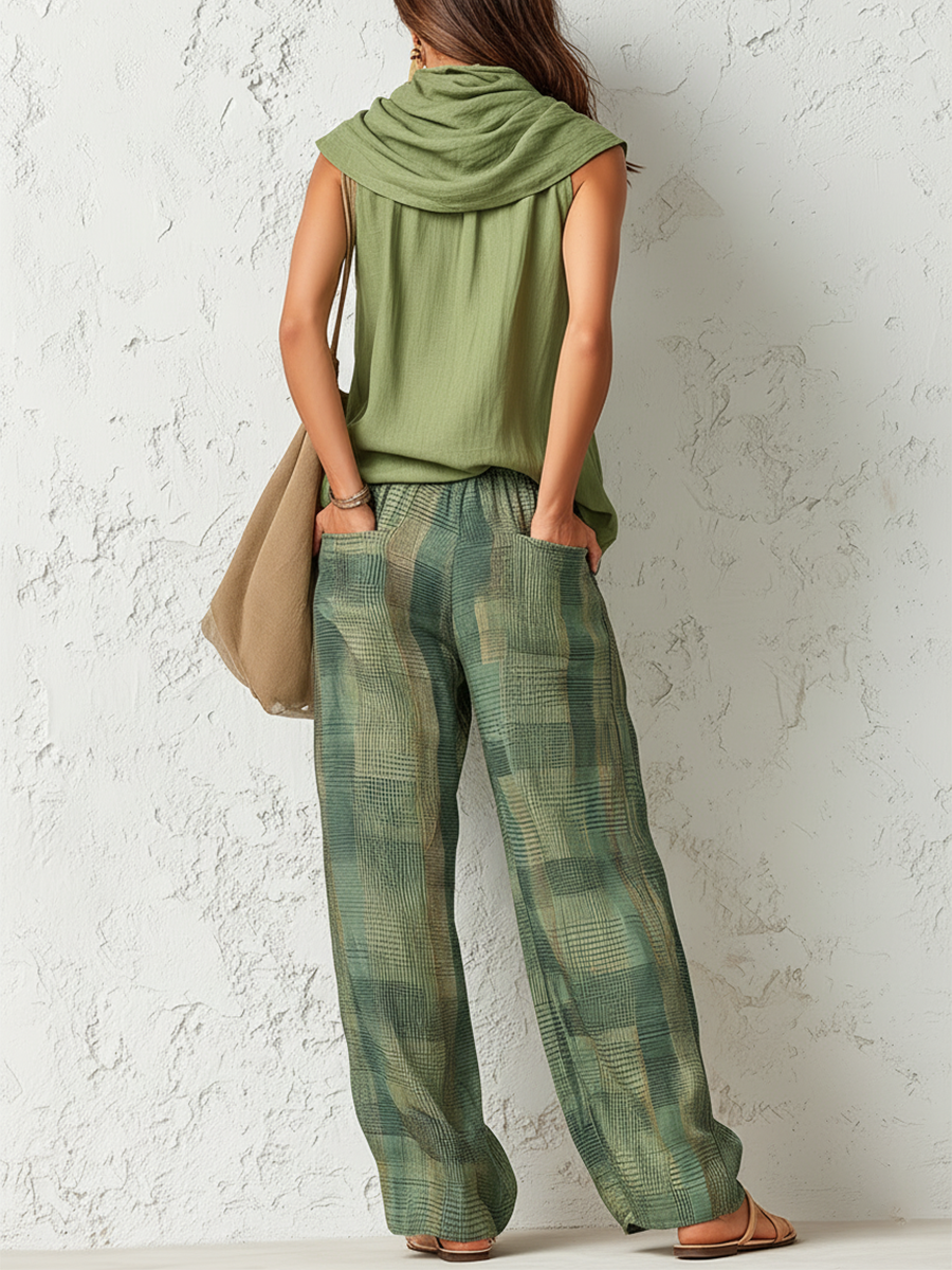 Conjunto de top sin mangas de estilo casual chic de inspiración vintage y pantalones a cuadros