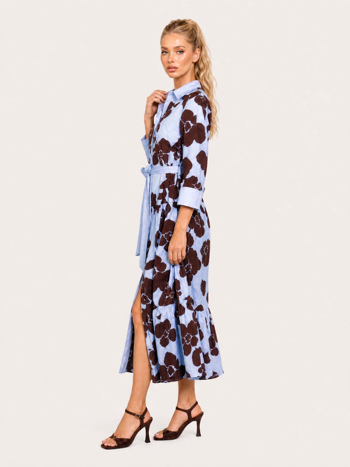 Elegant Floral Print Belted Maxi Shirt Dress