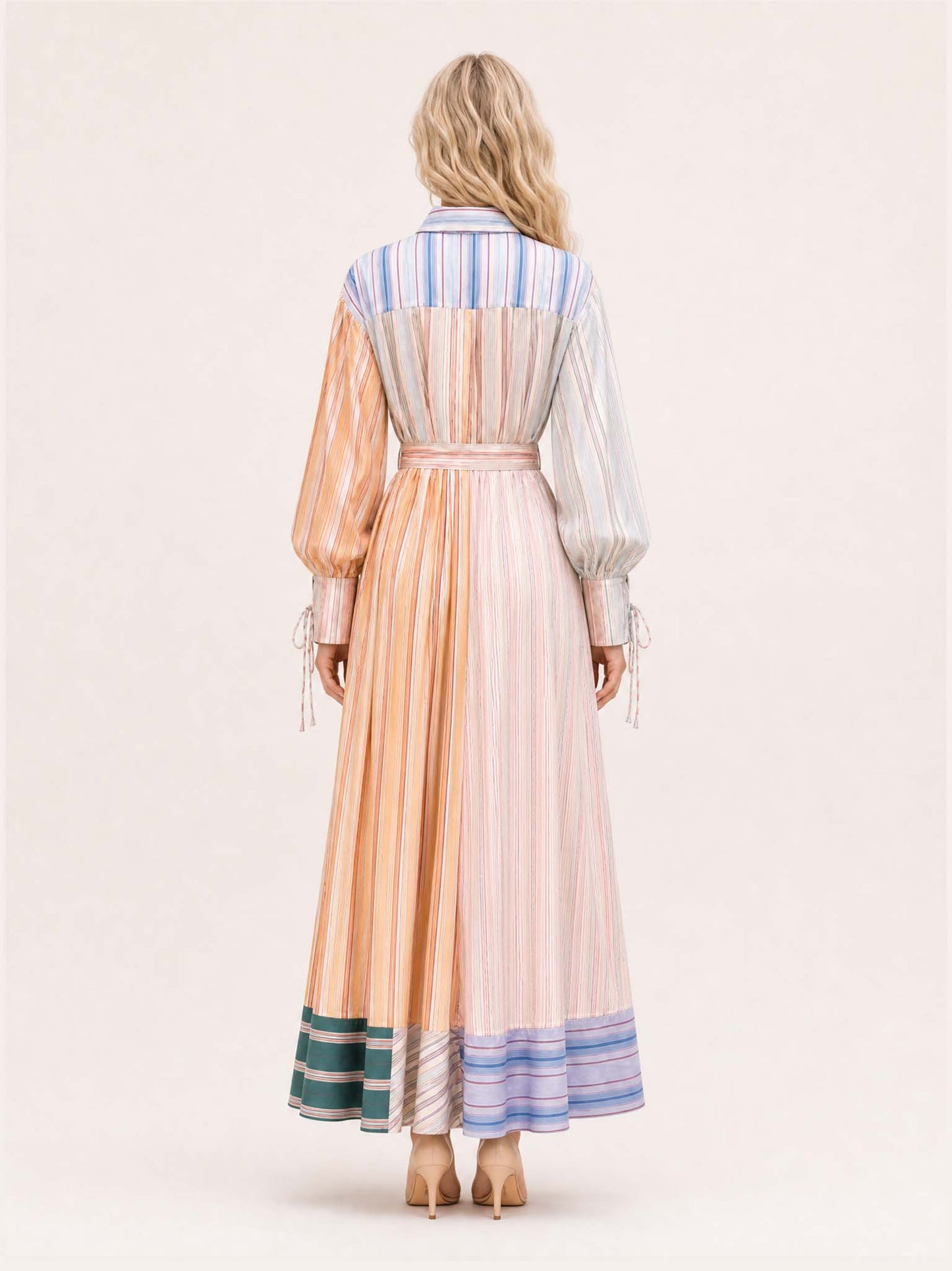 Multicolor Patchwork Stripe Long Sleeve Tie Maxi Shirt Dress