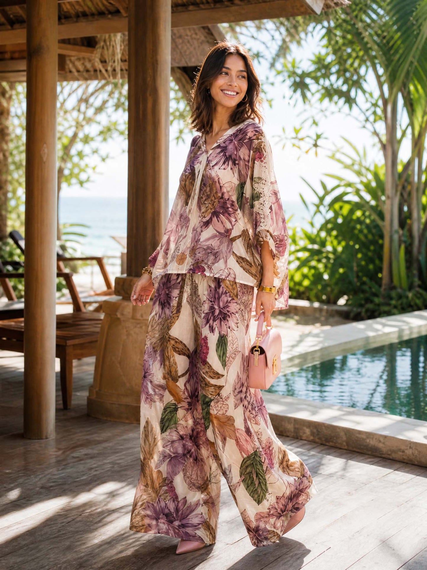 Romantic Floral Print Lace-Trim Two-Piece Set
