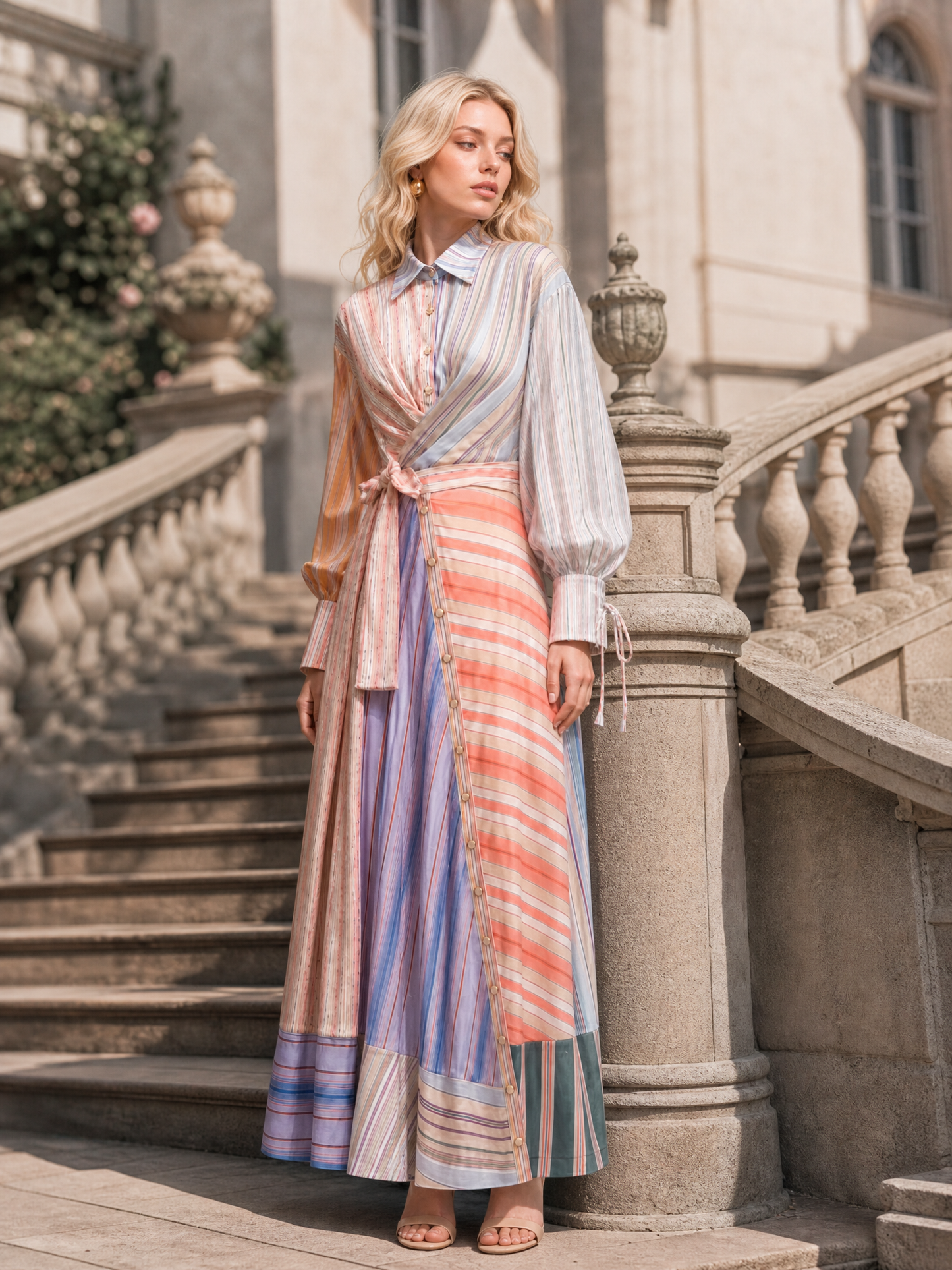Multicolor Patchwork Stripe Long Sleeve Tie Maxi Shirt Dress