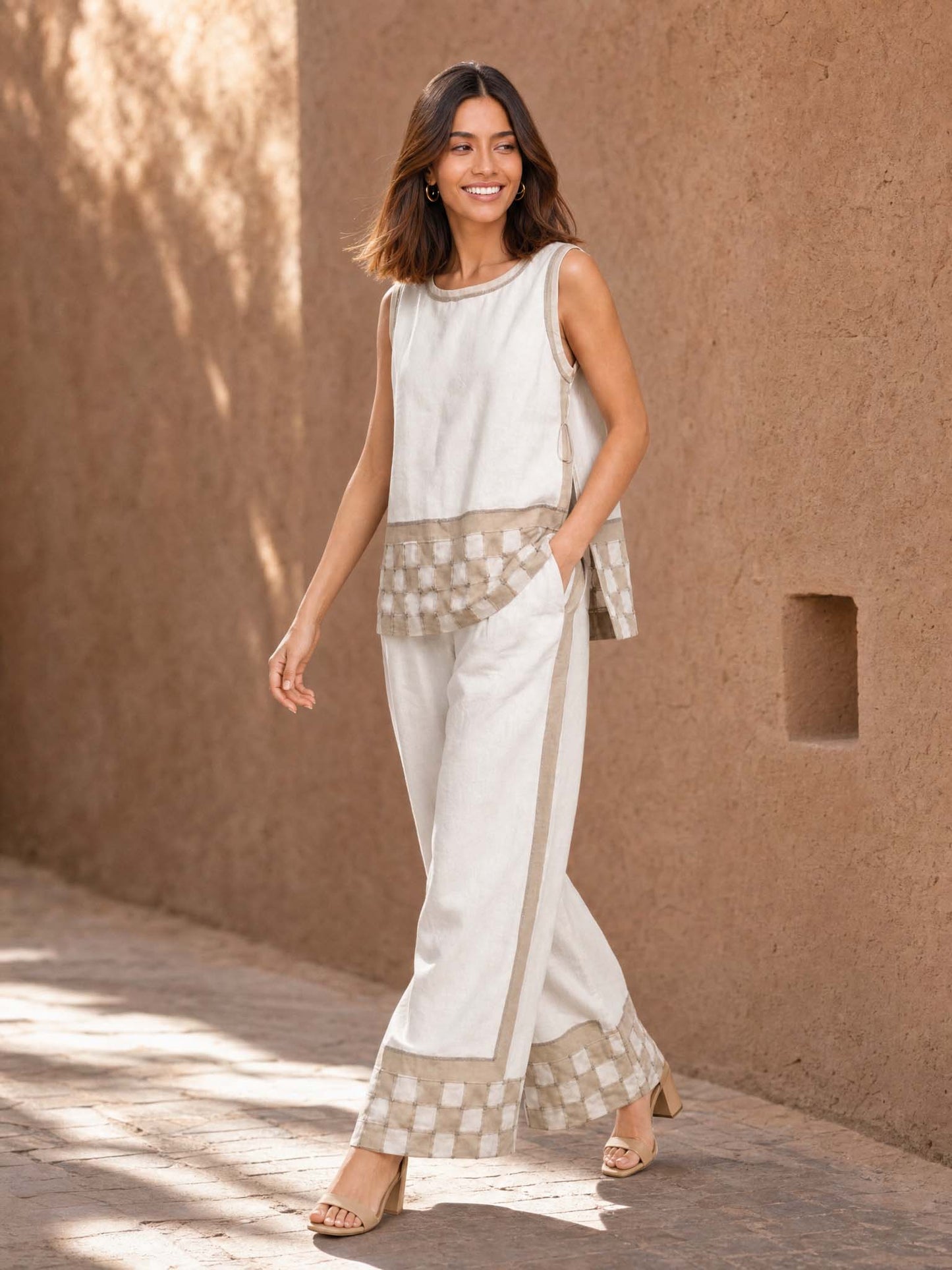 Minimalist Linen Contrast-Trim Two-Piece Set