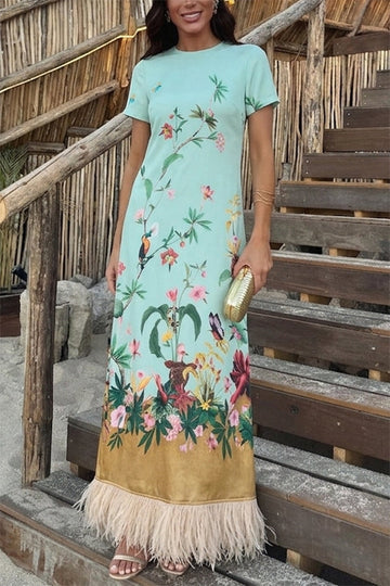 Retro Chic Printed Feather Trim Maxi Dress