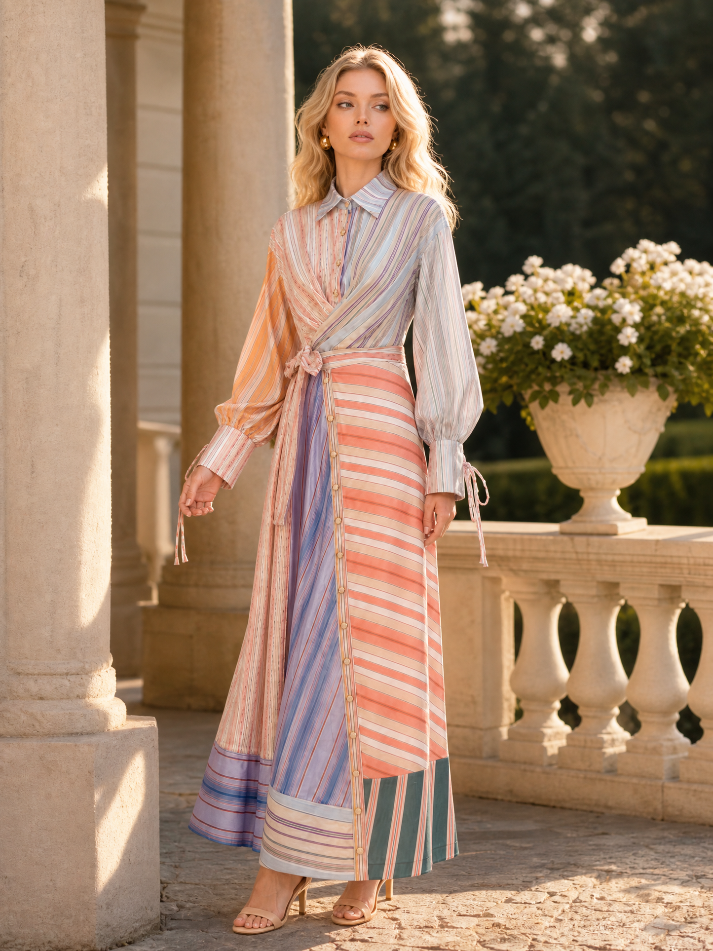 Multicolor Patchwork Stripe Long Sleeve Tie Maxi Shirt Dress
