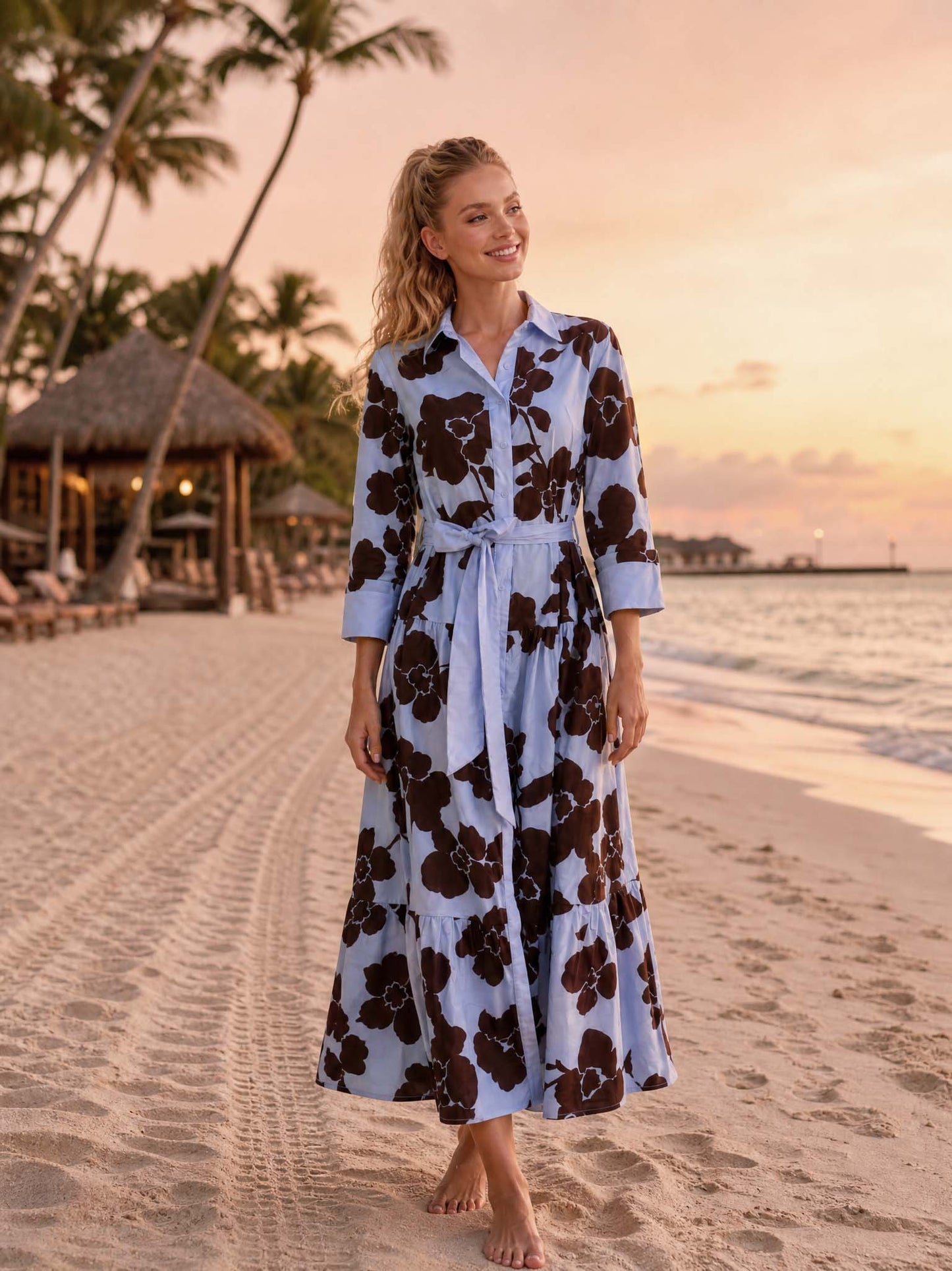 Elegant Floral Print Belted Maxi Shirt Dress