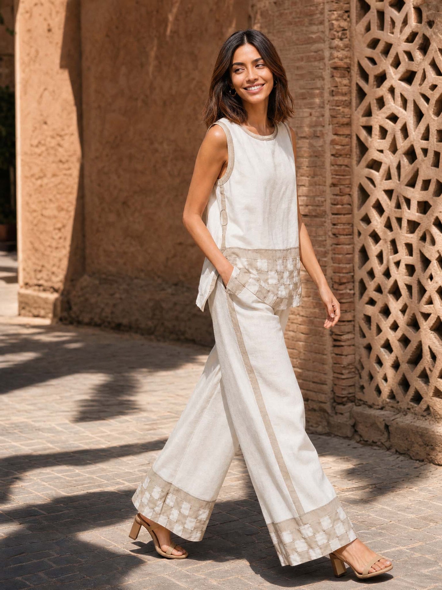 Minimalist Linen Contrast-Trim Two-Piece Set