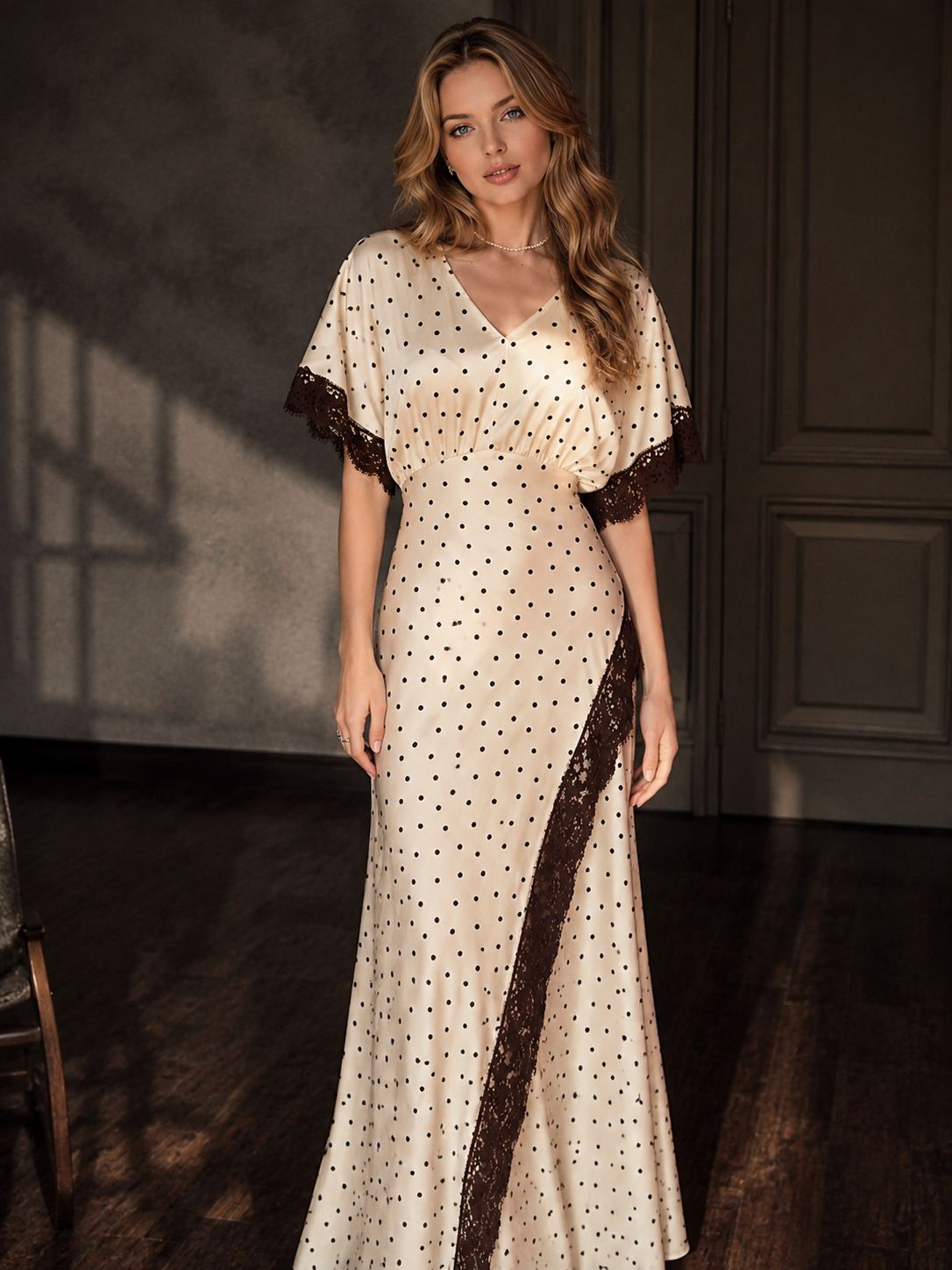 Monsseas Vintage Polka Dot Lace Maxi Dress