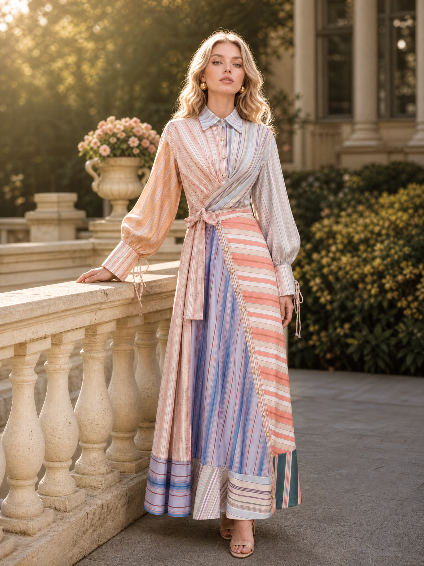 Multicolor Patchwork Stripe Long Sleeve Tie Maxi Shirt Dress