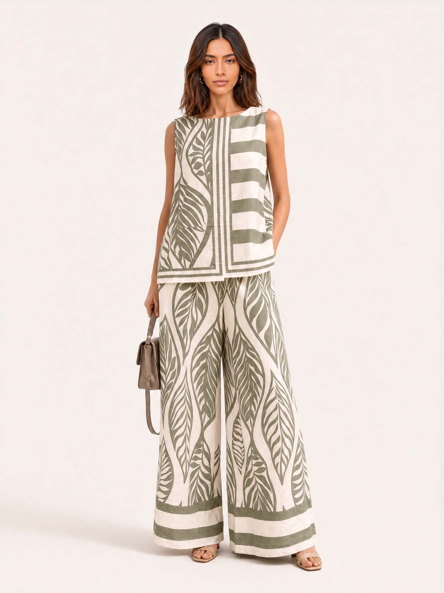 Tropical Leaf Print Sleeveless Two-Piece Wide Leg Set
