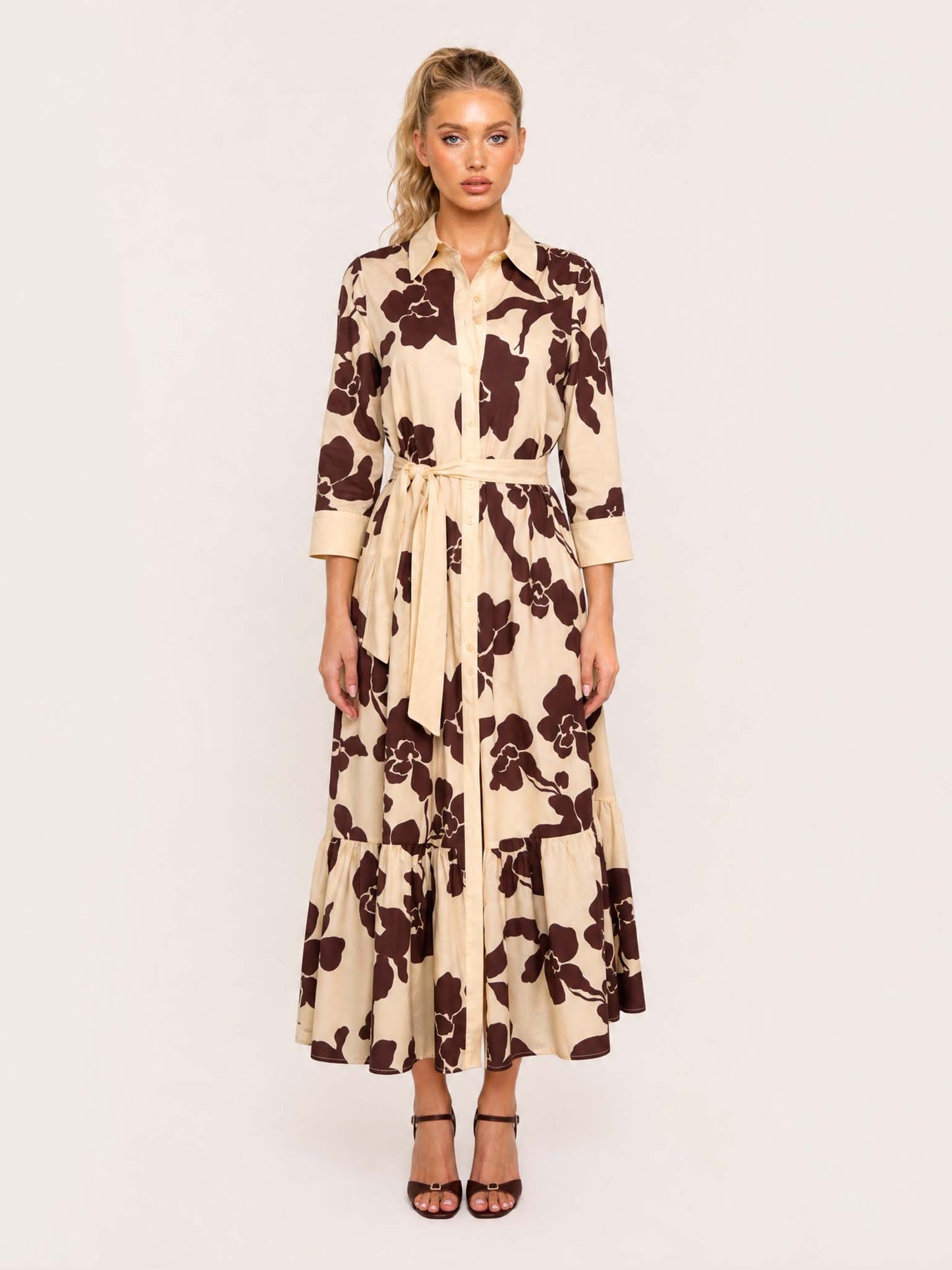 Elegant Floral Print Belted Maxi Shirt Dress