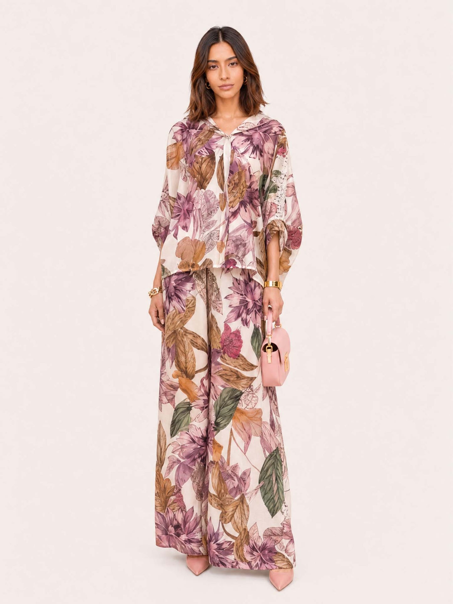 Romantic Floral Print Lace-Trim Two-Piece Set