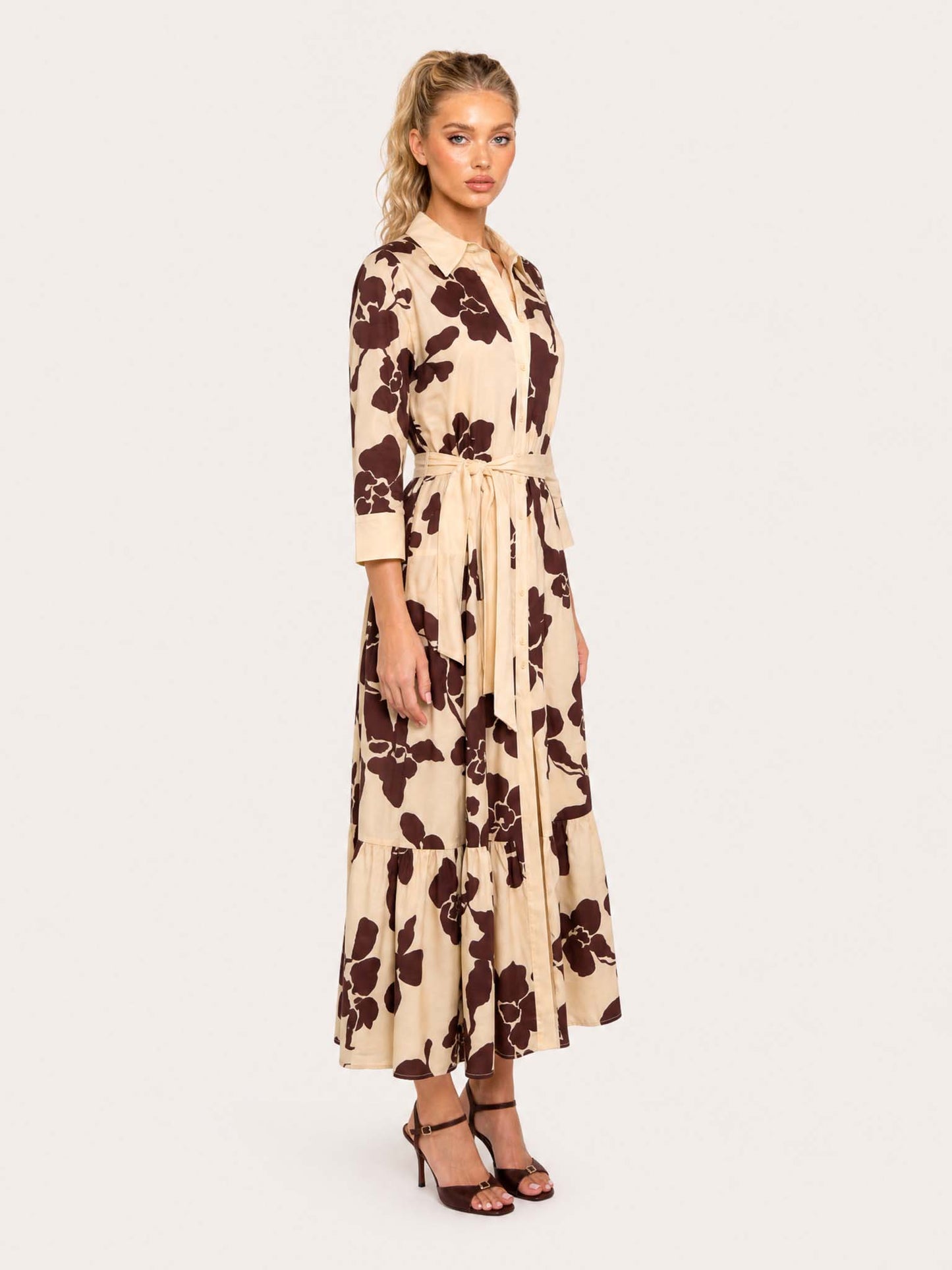 Elegant Floral Print Belted Maxi Shirt Dress