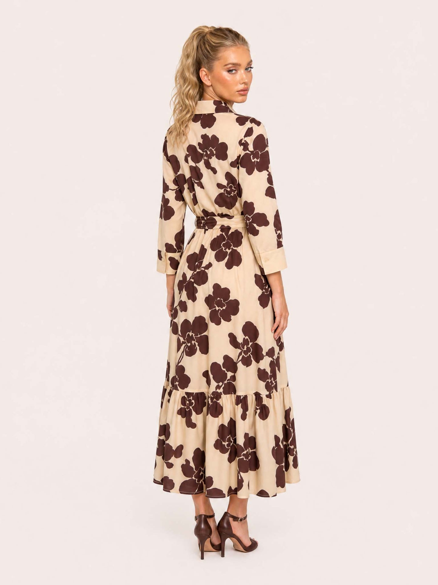 Elegant Floral Print Belted Maxi Shirt Dress