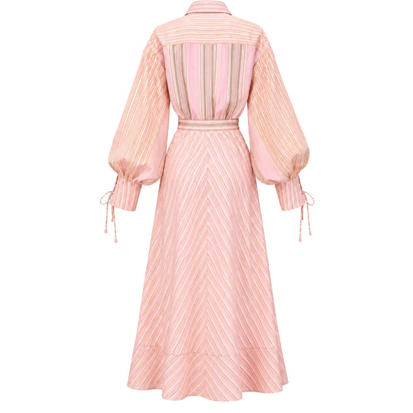 Pink Stripe Print Long Sleeve Waist Tie Maxi Shirt Dress