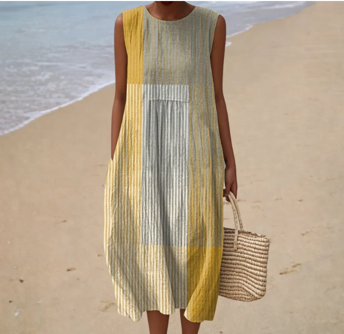 Vestido Midi Rayas Amarillo y Gris