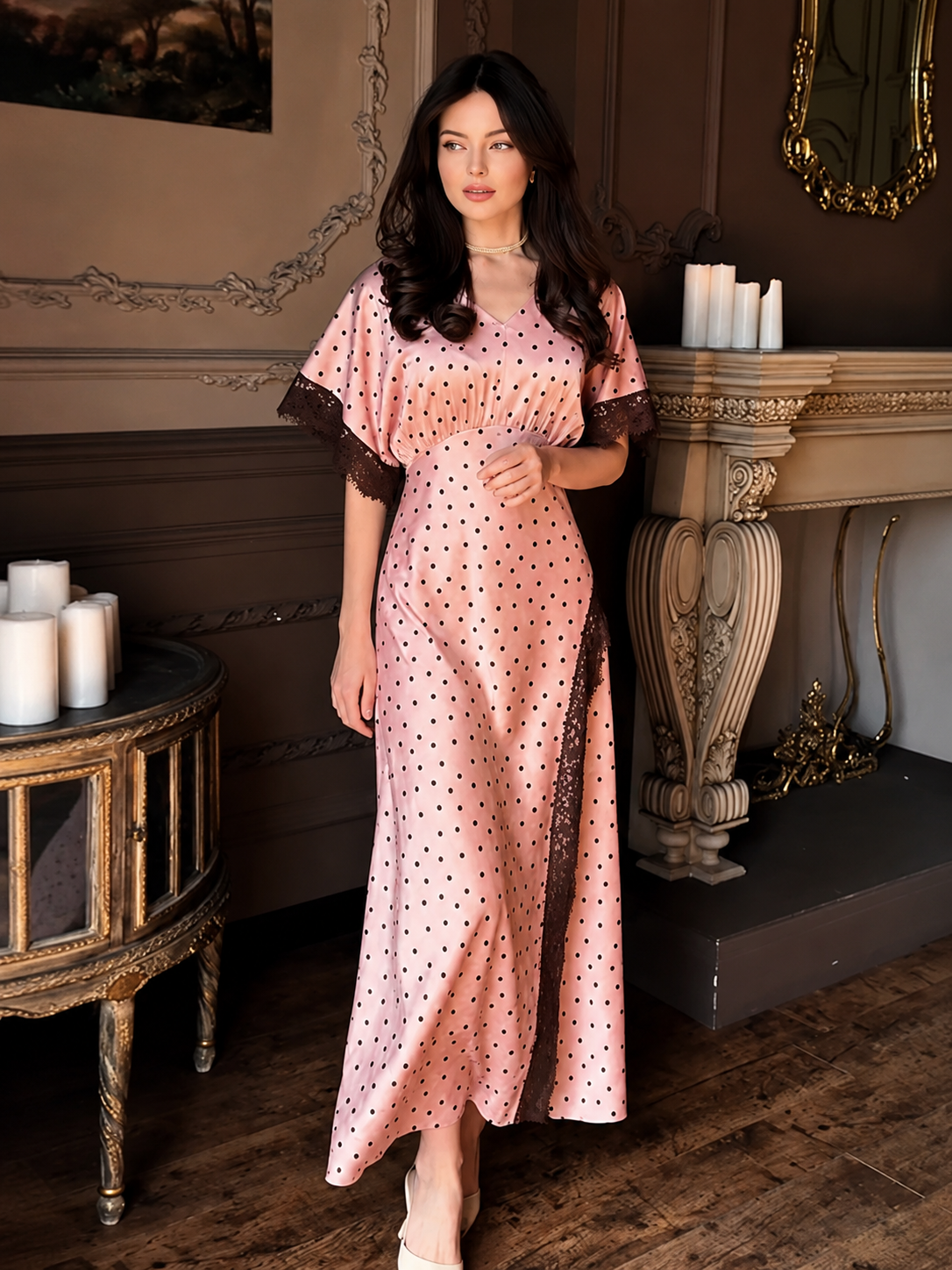 Monsseas Vintage Polka Dot Lace Maxi Dress