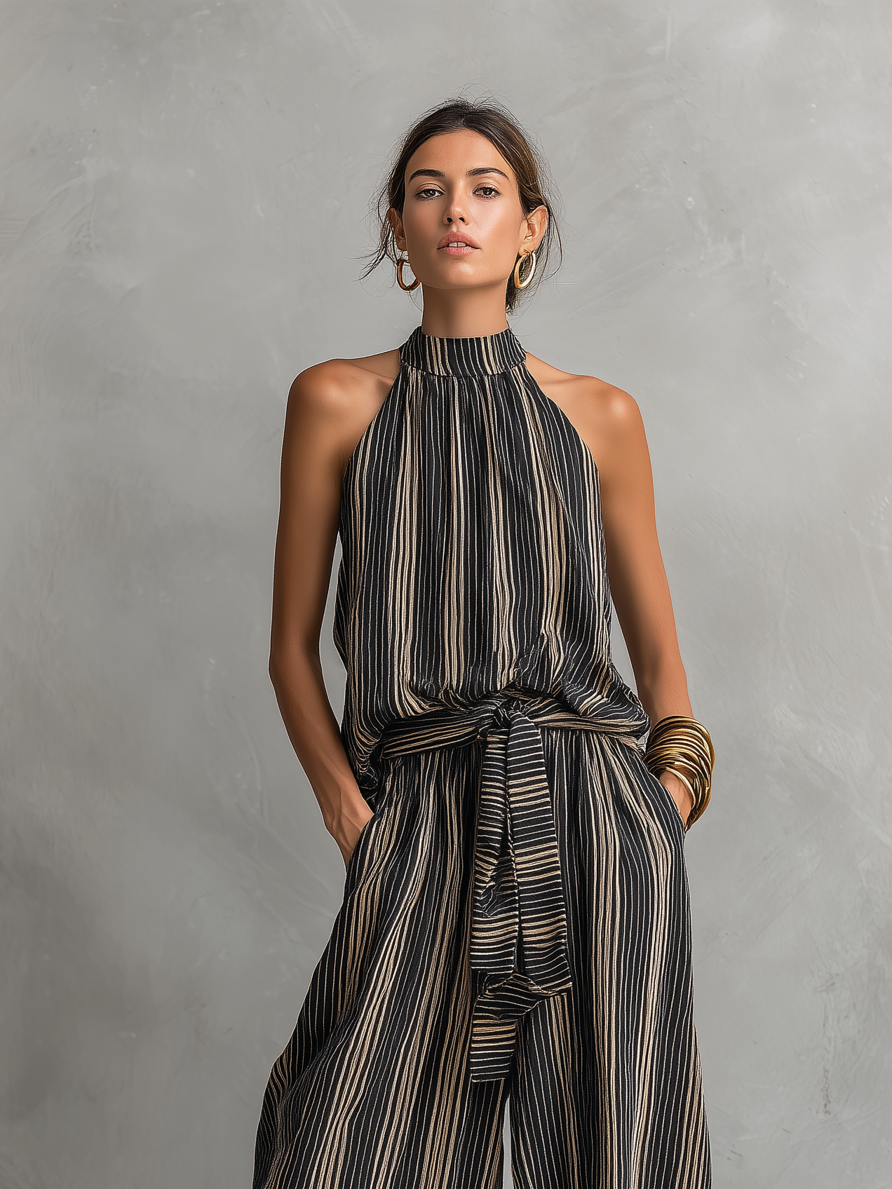 Striped Printed Woven Round Neck Sleeveless Top Paired With Trousers Set