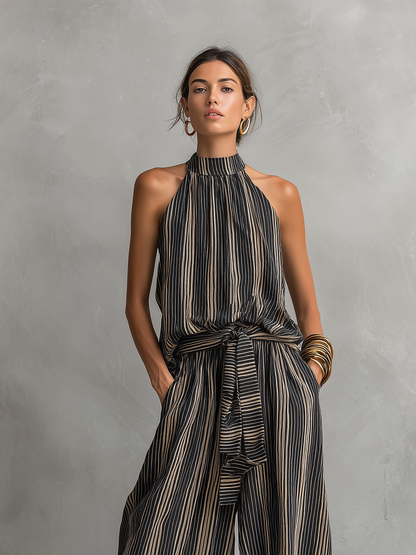 Striped Printed Woven Round Neck Sleeveless Top Paired With Trousers Set