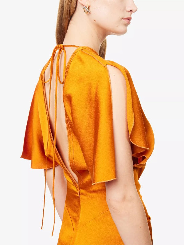 Elegant Flutter Sleeve Satin Maxi Dress