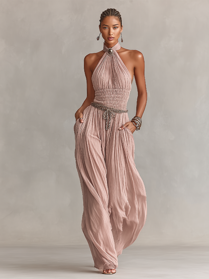 Halter Neck & Ruched Waist Pleated Jumpsuit