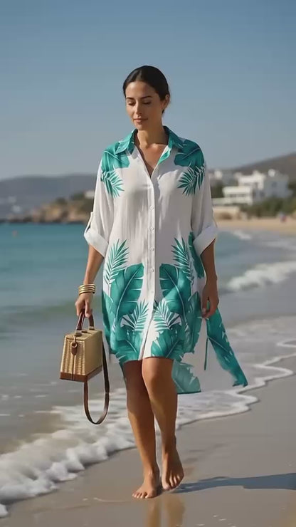 Kaftán de playa “Isla Azul” – Blanco con hojas turquesa